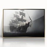 Mid-century modernist sailboat painting in muted blue and white, acrylic print framed in gold.