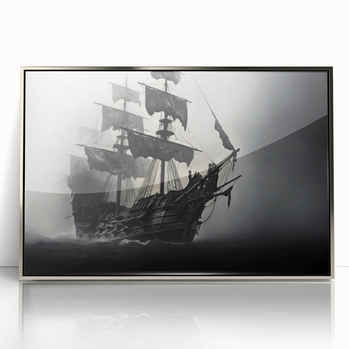 Art deco poster of a sailboat in silver and blue tones, acrylic print framed in silver, suitable for modern nursery wall art.