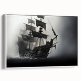 Framed canvas depicting a vintage-style sailboat on a muted black and gray sea, ideal for bedroom wall art.