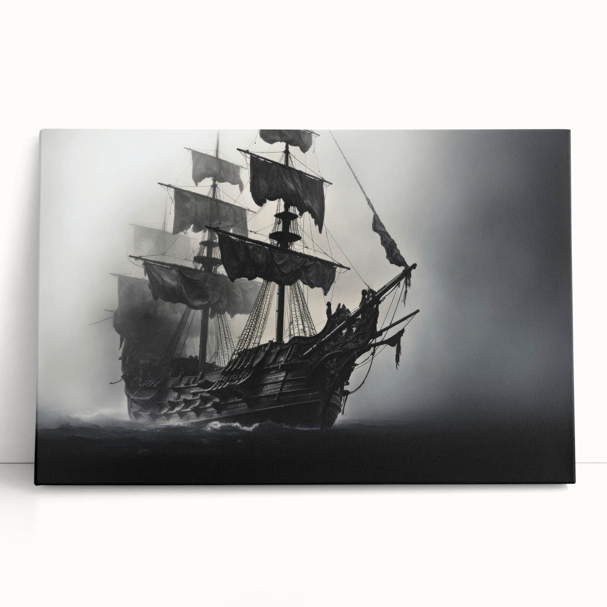 Black and white sailboat photograph on stretched canvas, suited for kitchen wall art or bedroom decor.