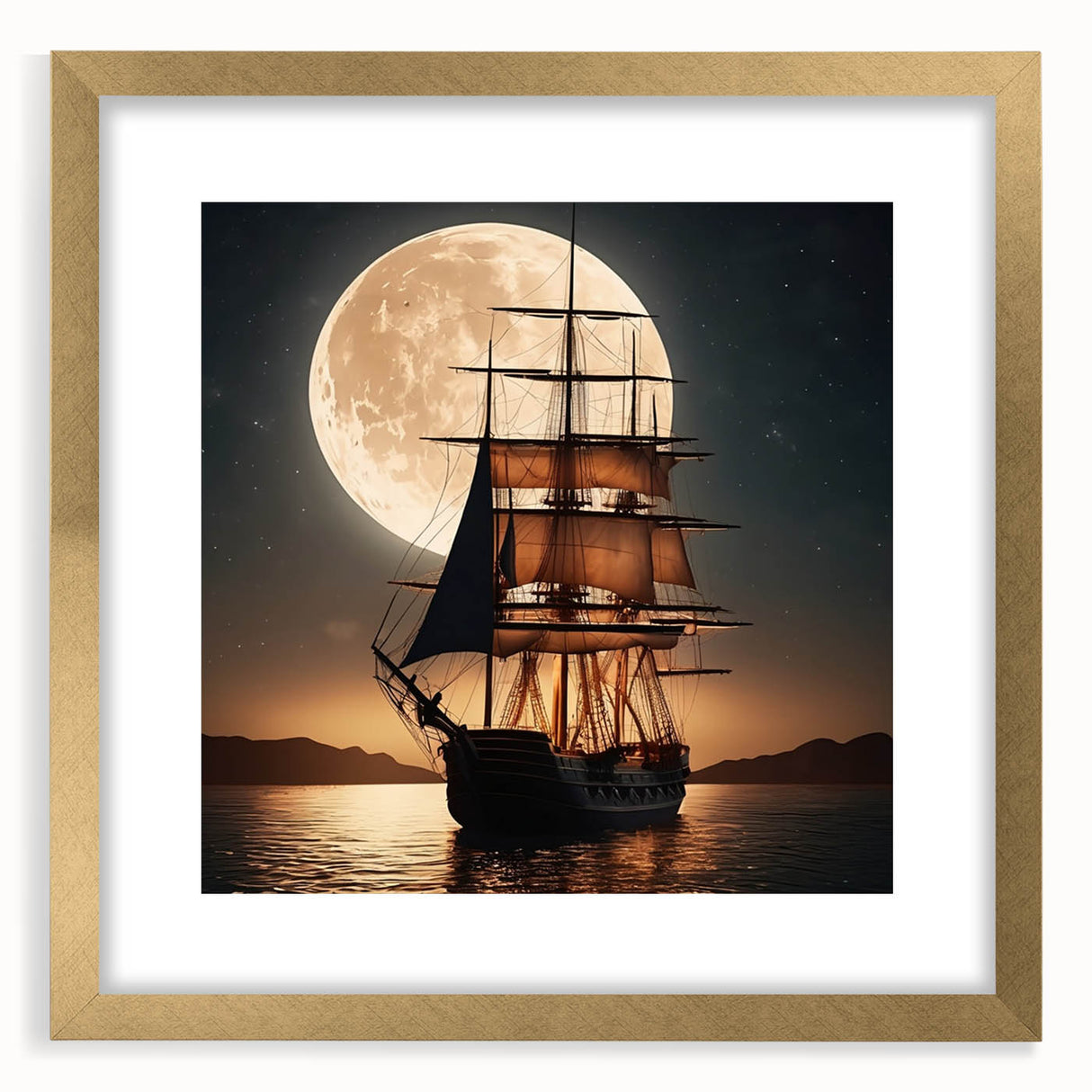 Textured art print of an abstract sailboat in muted blue and gold tones on a framed canvas, suitable for bedroom wall decor.