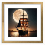 Textured art print of an abstract sailboat in muted blue and gold tones on a framed canvas, suitable for bedroom wall decor.