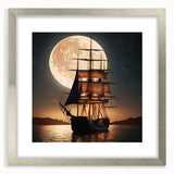 Abstract art print of a sailboat in muted blue and gray tones on a silver-framed canvas, suitable for dining room decor.