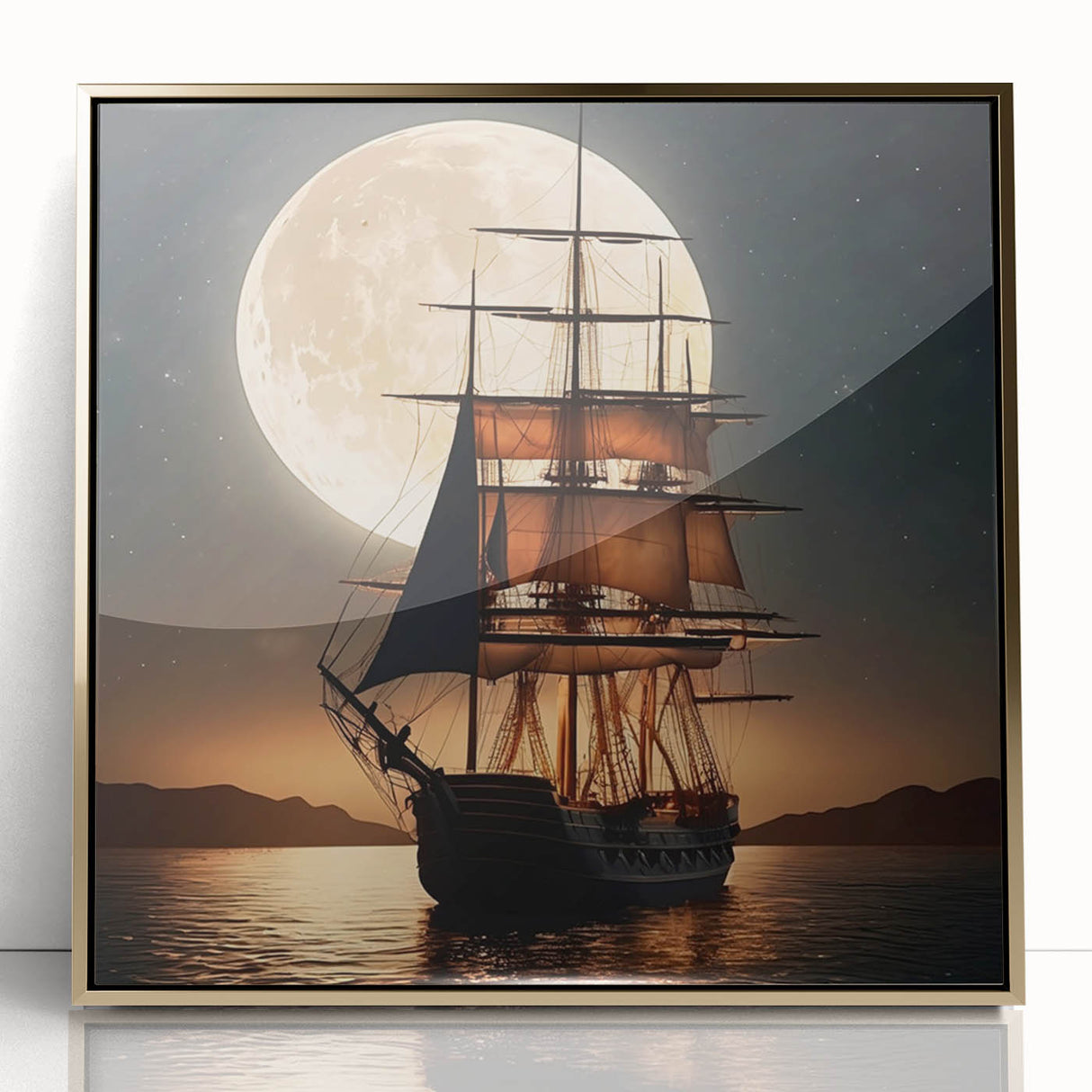 Mid-century modernist art depicting a sailboat, in muted blue and gray tones, framed acrylic, ideal for nursery wall decor.