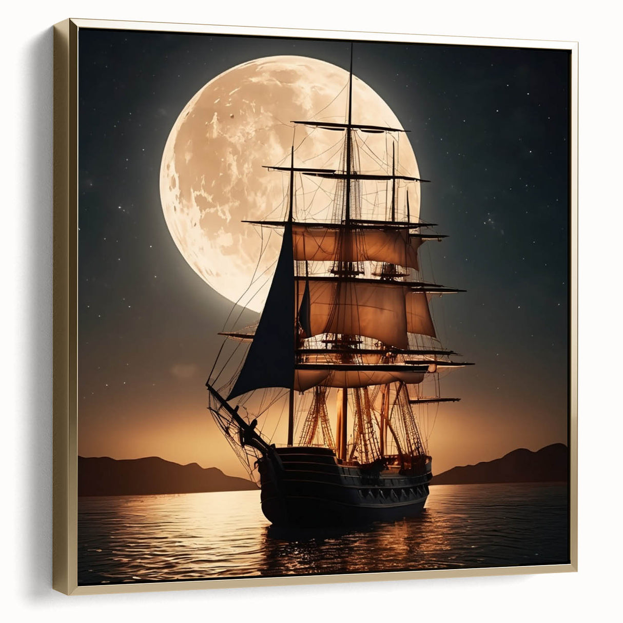 Framed canvas landscape art painting featuring a vintage sailboat in silver and gold on a black background.