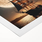 Art deco poster of a sailboat on rolled canvas, featuring soft blue and white tones.