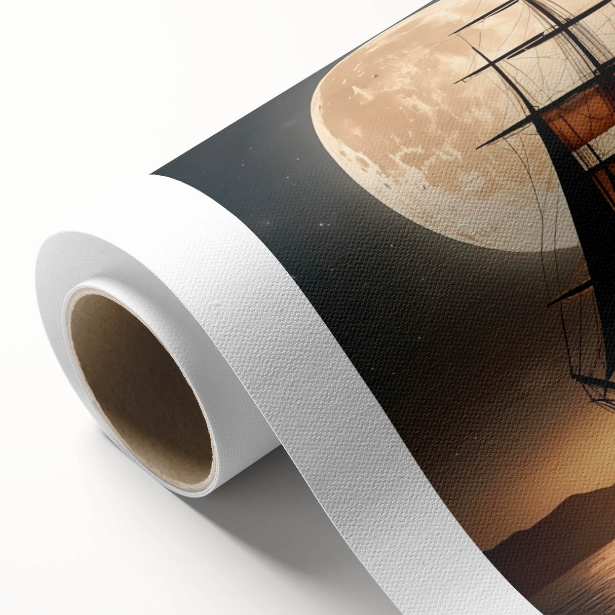 Art deco style poster of a sailboat on rolled canvas, featuring pastel blue and white tones, ideal for nursery wall art.