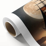 Art deco style poster of a sailboat on rolled canvas, featuring pastel blue and white tones, ideal for nursery wall art.