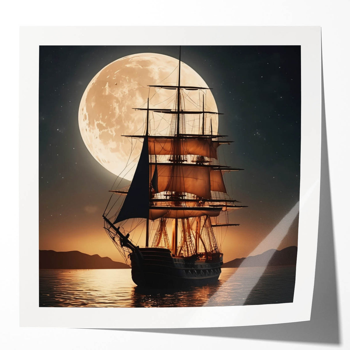 Rolled print of a sailboat on serene blue waters, in subtle gray and blue tones, suitable for dining room decor.