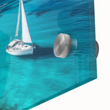 Large abstract sailboat painting in blue and white tones on acrylic glass.