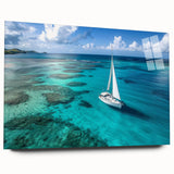 Acrylic print of a large abstract sailboat in muted blue and gray, ideal for bedroom or dining room art.