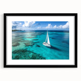 Abstract art print of a colorful sailboat on textured canvas, framed in black, ideal for living room decor.
