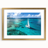 Textured art print of an abstract sailboat in muted blue and white tones on a framed canvas, suitable for bedroom wall decor.