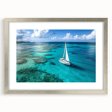 Abstract art print of a stylized sailboat in cool blue and white tones, framed in silver, suitable for dining room decor.