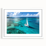 Extra large abstract art print of a sailboat, in textured blue and white tones on a framed canvas.