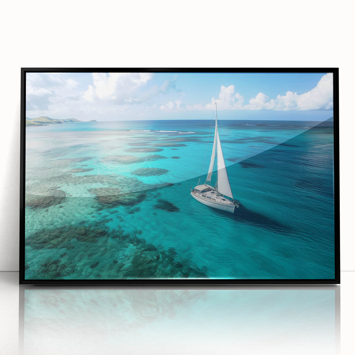 Large abstract wall art depicting sailboats in bold, monochrome colors on a framed acrylic print.