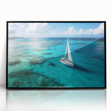 Large abstract wall art depicting sailboats in bold, monochrome colors on a framed acrylic print.