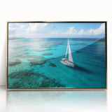 Framed acrylic print of a mid-century modernist sailboat in blue and white tones, suitable for modern art wall decor.