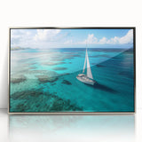 Art deco style sailboat poster in muted blue and silver, printed on framed acrylic, suitable for modern nursery wall decor.