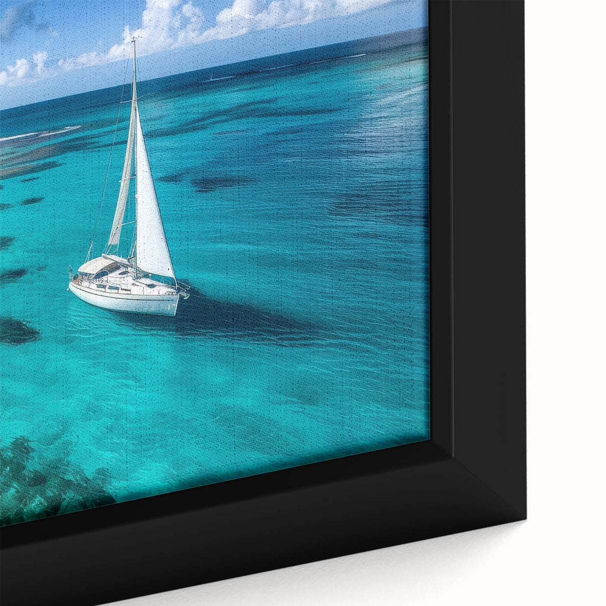 Extra large framed canvas featuring a colorful, textured depiction of sailboats on black background.