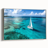 Vintage poster art of a colorful sailboat on a black background, framed canvas, ideal for extra large living room wall.