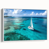 Framed canvas featuring a vintage poster of a black sailboat in a serene landscape, ideal for bedroom wall art.