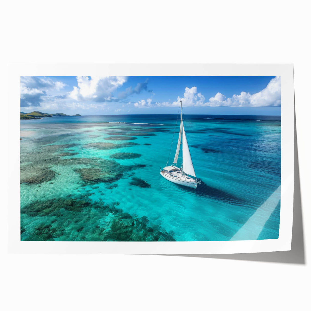 Art wall featuring a sailboat on tranquil waters in muted blue and white tones, printed on rolled canvas.