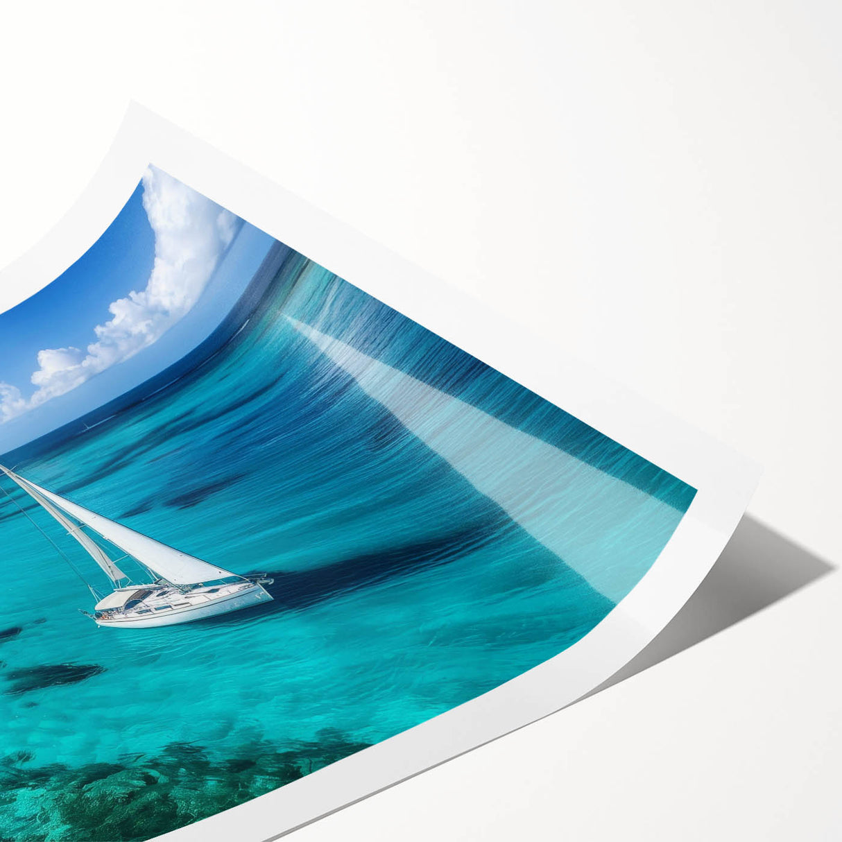 Extra large wall art featuring a sailboat on a rolled canvas, rendered in muted blue and white tones.