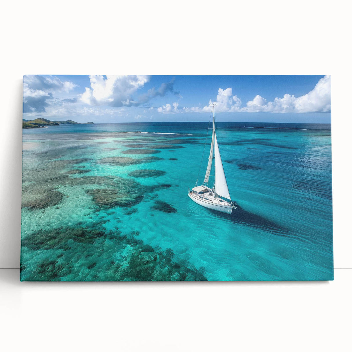 Black and white photo of a sailboat on stretched canvas, suitable as large kitchen wall art or for a bedroom.