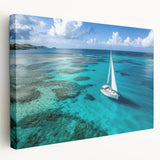 Sailboat on a calm sea depicted in muted blue and white tones on a stretched canvas, suitable for kitchen wall art.