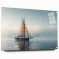 Acrylic print of a sailboat in muted blue and white tones, suitable for bedroom or dining room decor.