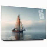 Acrylic print of a side-view sailboat in muted blue and white tones, suitable for bedroom or dining room art.