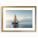 Textured art print of an abstract sailboat in muted blue and white tones on a framed gold mat, ideal for bedroom art.