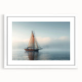 Abstract art print of a sailboat in textured blues and whites on a large framed canvas, ideal for living room decor.