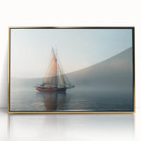 Mid-century modernist art depicting a sailboat, in muted blue and gold tones on a framed acrylic.
