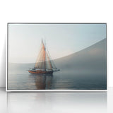 Framed acrylic print of a mid-century modernist sailboat in cool blue tones, ideal for nursery wall art.