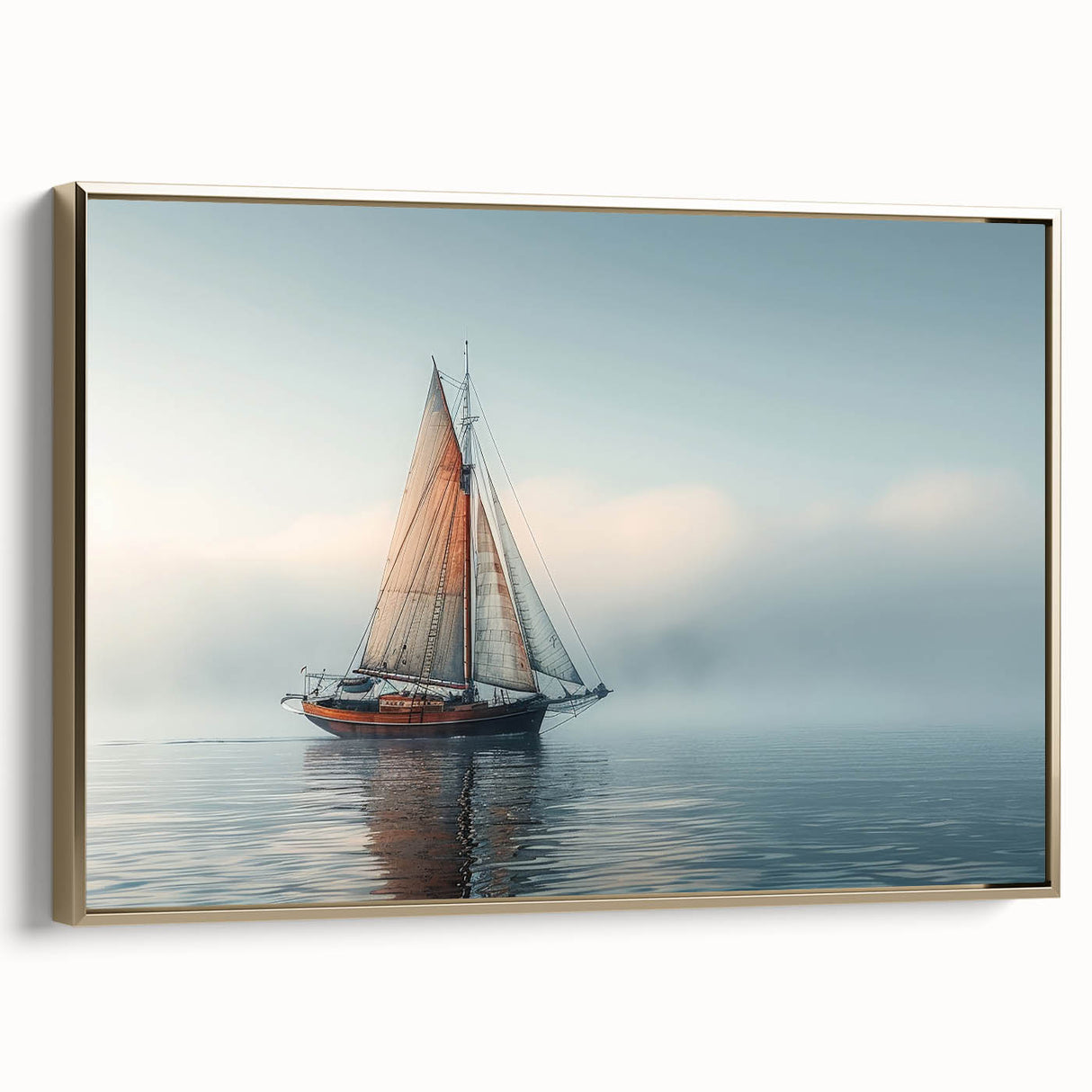 Framed canvas of a vintage sailboat on a colorful sea, ideal for nautical-themed room decor.