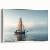 Framed canvas featuring a vintage sailboat on a serene lake in grayscale, ideal for bedroom wall art.