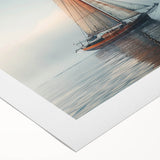 Art deco poster of a sailboat in muted blues and grays on rolled canvas, suitable for dining room wall art.