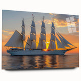 Acrylic print of a large abstract sailboat in muted blue and white tones, suitable for bedroom or dining room art.