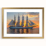 Textured abstract art print of a sailboat in muted blue and gray tones on a gold-framed canvas, suitable for bedroom decor.
