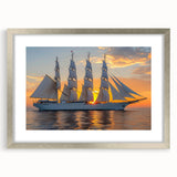 Abstract art print of a sailboat on a choppy sea in muted blue and silver tones, framed in silver.