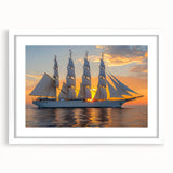 Extra large abstract art print of a sailboat, using textured brush strokes in blue and white, framed with a white mat.