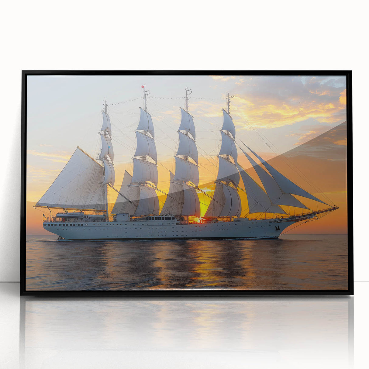Large abstract wall art depicting a sailboat in blue and white tones on a black acrylic framed canvas.