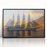 Large abstract wall art depicting a sailboat in blue and white tones on a black acrylic framed canvas.