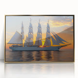 Mid-century modernist art depicting a sailboat, utilizing a gold and blue palette, framed acrylic.