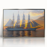 Art deco style poster of a sailboat, using muted silver and blue tones, framed in acrylic.