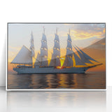 Framed acrylic print of a mid-century modernist sailboat in muted blue and white tones, ideal for modern art wall decor.