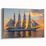 Vintage poster art of a sailboat, rendered in black with colorful accents, on a large framed canvas.