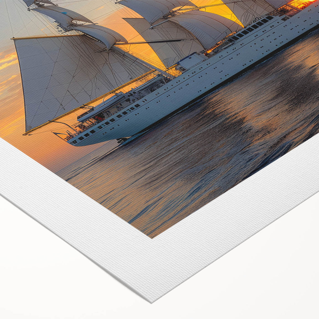 Art deco poster of a sailboat on calm seas, in muted blue and gray, on rolled canvas, suitable for dining room wall art.
